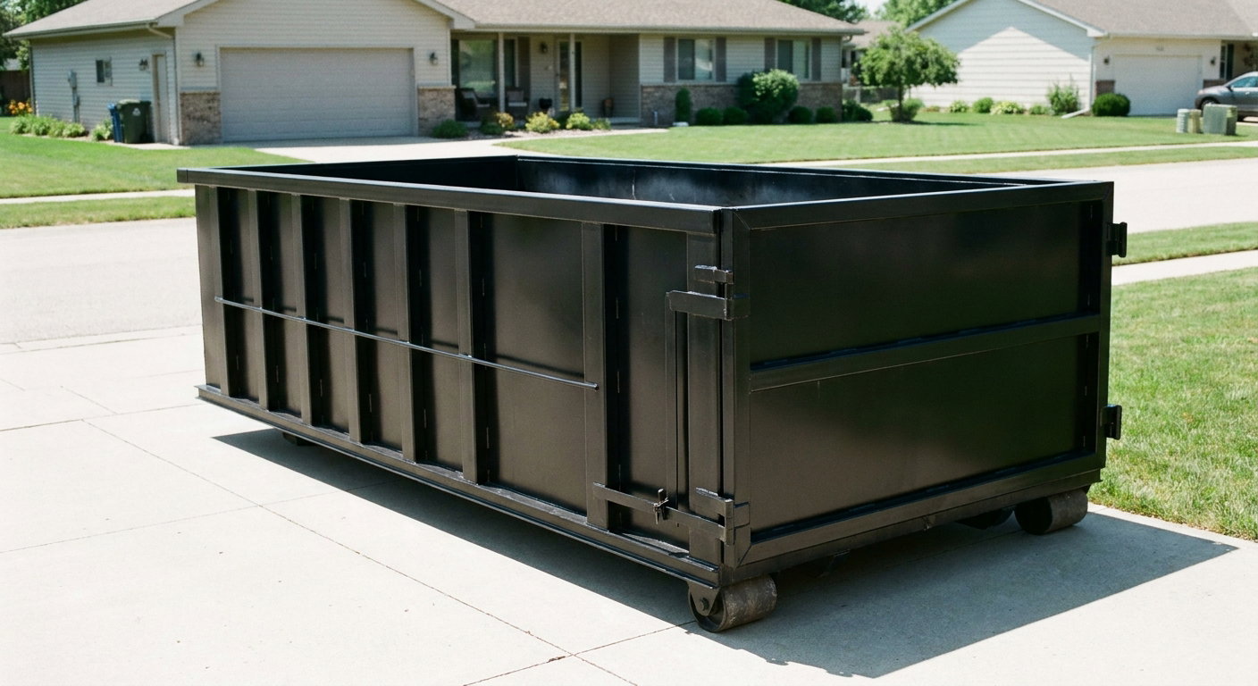 Matte-black 10-yard roll-off dumpster on a residential concrete driveway in Longmont, uniformly painted matte black across every panel and rail, ribbed steel sidewalls and rear swing door visible, mid-day daylight.