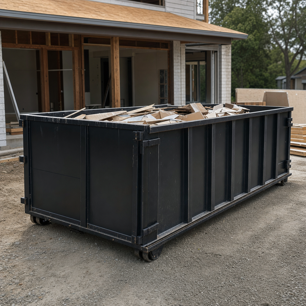 Large matte-black 30-yard construction roll-off dumpster at an active Longmont jobsite, steel-gray top rails and bottom rollers visible, loaded with construction debris.