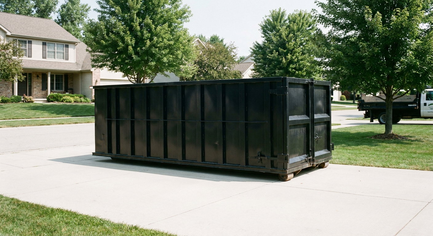 Matte-black 20-yard roll-off dumpster sitting level on a clean Longmont residential concrete driveway under bright daylight, demonstrating clean placement directly on the concrete.