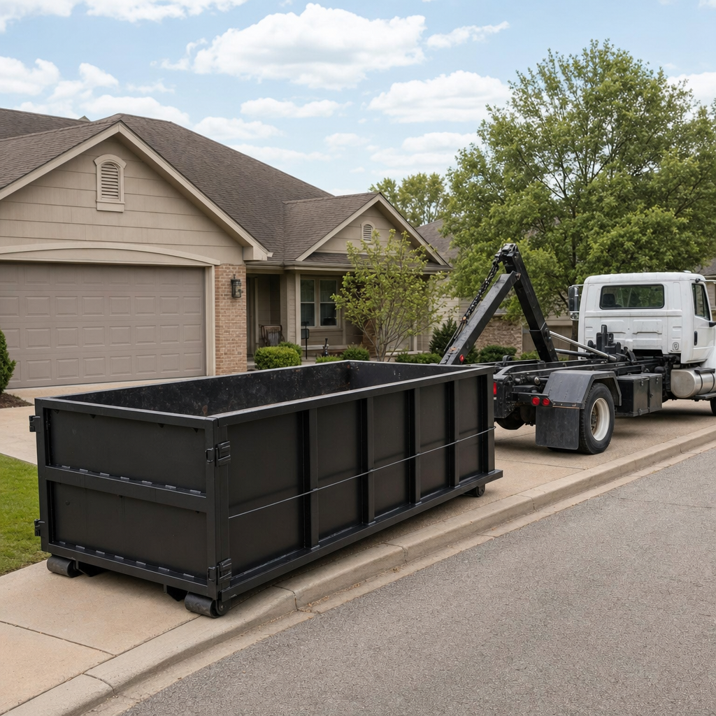 Wide documentary shot of a matte-black roll-off dumpster on a Longmont residential driveway in the foreground and a contractor jobsite container in the soft-focus background, bright daylight, calm and orderly composition.