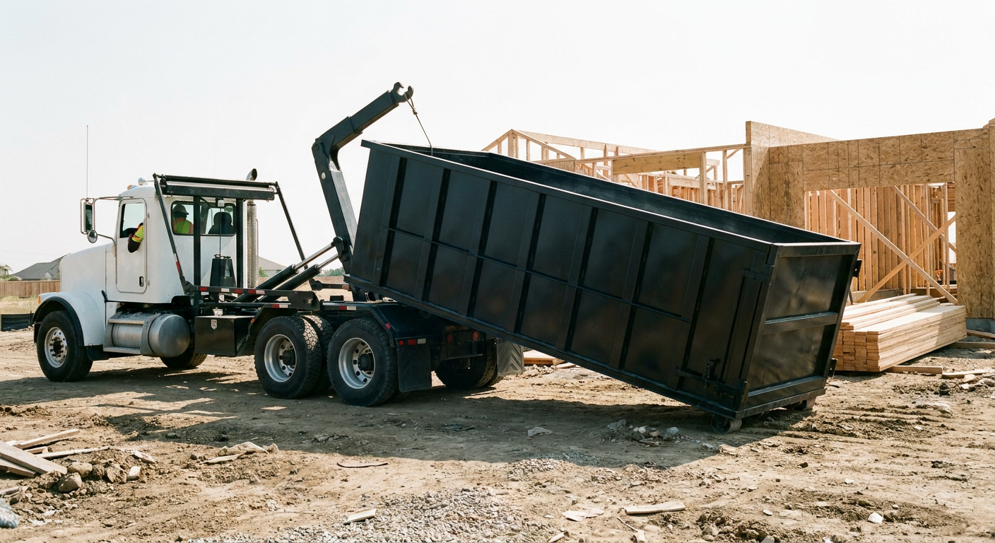 Matte-black roll-off dumpster being delivered onto a clean residential concrete driveway in Longmont by an unmarked white hooklift hauler truck, bright morning daylight, documentary 35mm perspective.